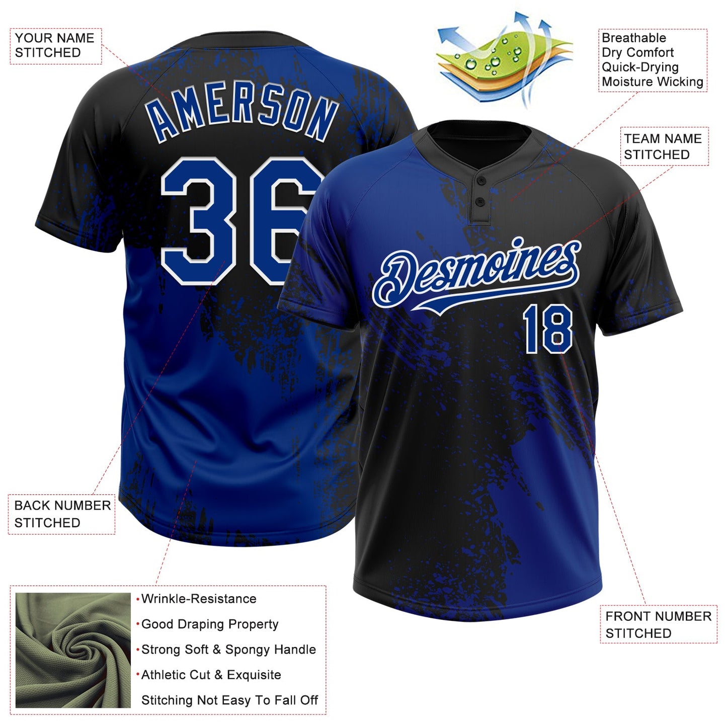 Custom Royal Black-White 3D Pattern Abstract Brush Stroke Two-Button Unisex Softball Jersey view 3