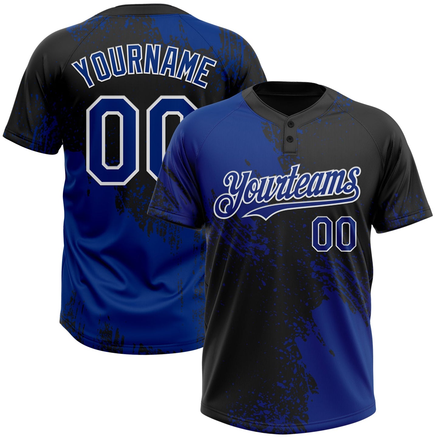 Custom Royal Black-White 3D Pattern Abstract Brush Stroke Two-Button Unisex Softball Jersey - Main View