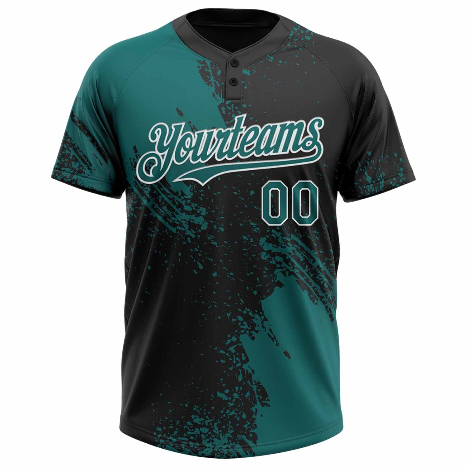 Custom Teal Black-White 3D Pattern Abstract Brush Stroke Two-Button Unisex Softball Jersey view 2