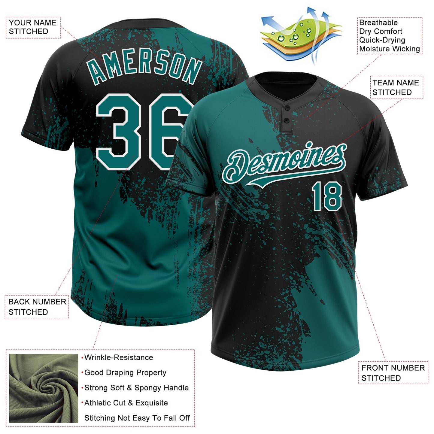 Custom Teal Black-White 3D Pattern Abstract Brush Stroke Two-Button Unisex Softball Jersey view 3
