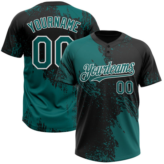 Custom Teal Black-White 3D Pattern Abstract Brush Stroke Two-Button Unisex Softball Jersey - Main View