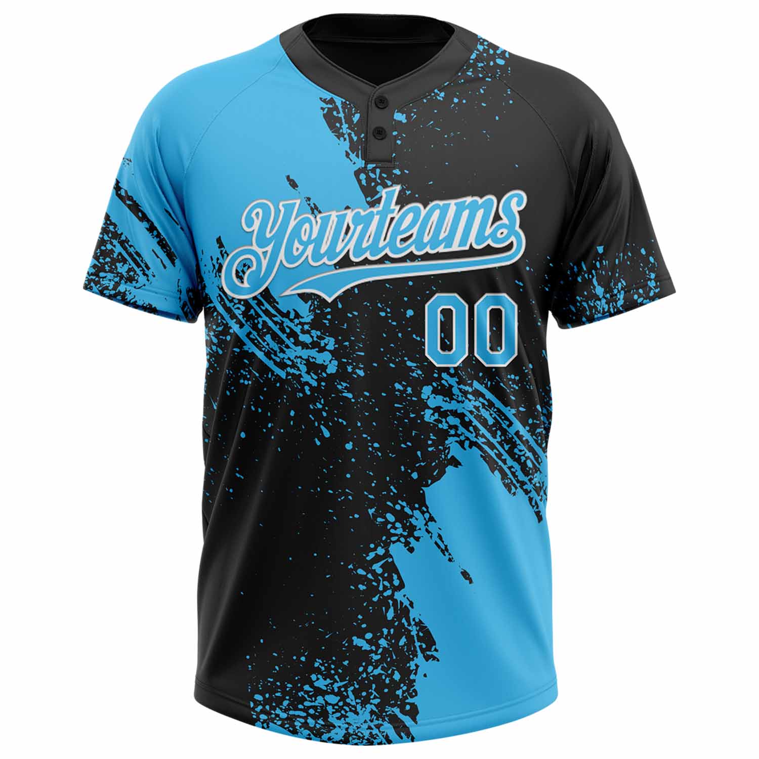 Custom Sky Blue Black-White 3D Pattern Abstract Brush Stroke Two-Button Unisex Softball Jersey view 2