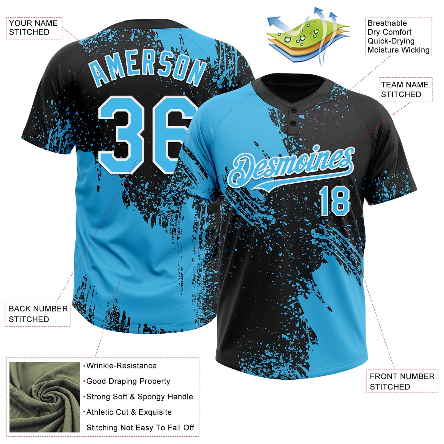 Custom Sky Blue Black-White 3D Pattern Abstract Brush Stroke Two-Button Unisex Softball Jersey view 3