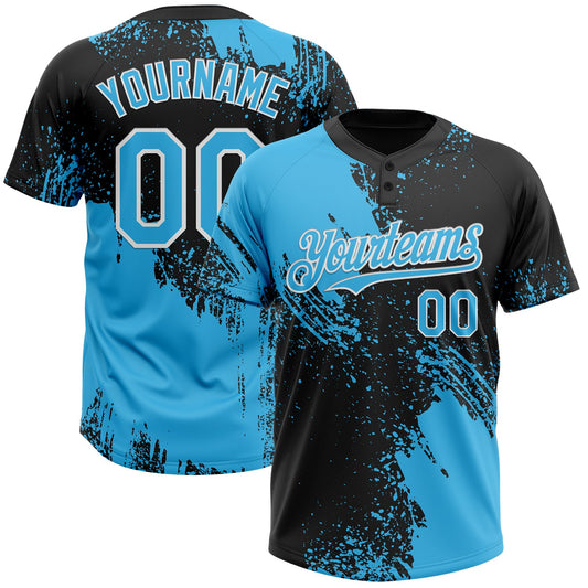 Custom Sky Blue Black-White 3D Pattern Abstract Brush Stroke Two-Button Unisex Softball Jersey - Main View