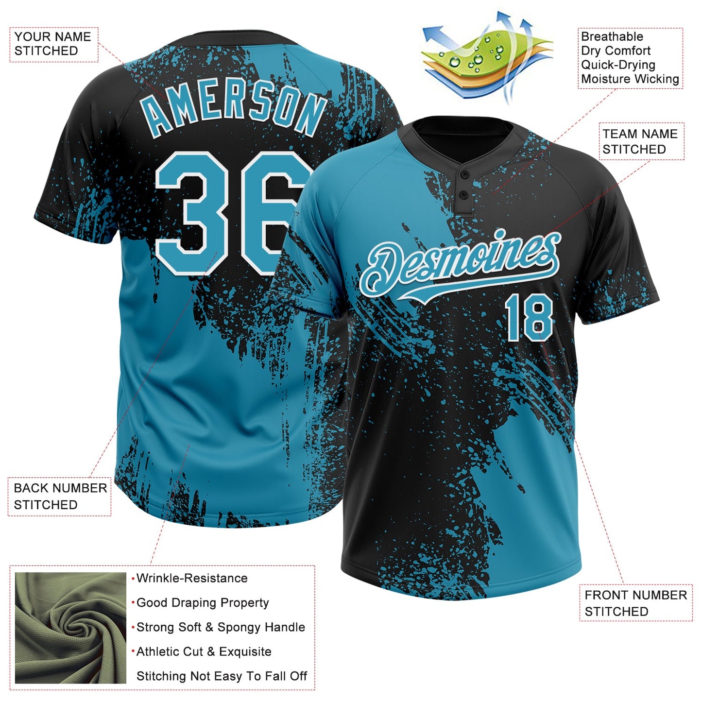 Custom Panther Blue Black-White 3D Pattern Abstract Brush Stroke Two-Button Unisex Softball Jersey view 3