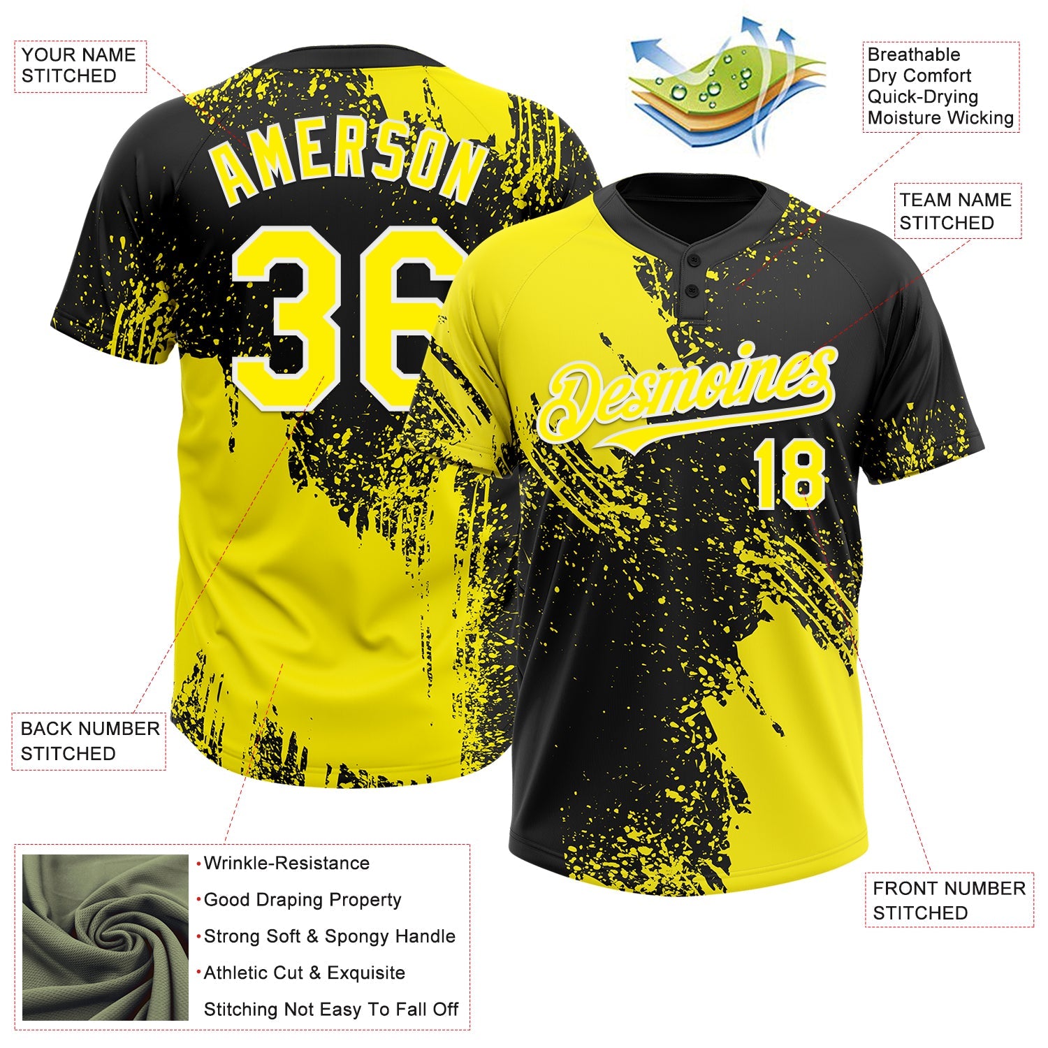 Custom Light Yellow Black-White 3D Pattern Abstract Brush Stroke Two-Button Unisex Softball Jersey view 3