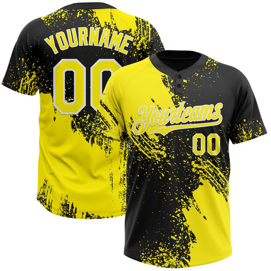 Custom Light Yellow Black-White 3D Pattern Abstract Brush Stroke Two-Button Unisex Softball Jersey - Main View