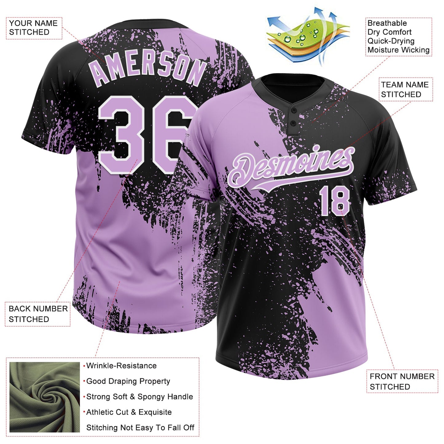 Custom Light Purple Black-White 3D Pattern Abstract Brush Stroke Two-Button Unisex Softball Jersey view 3