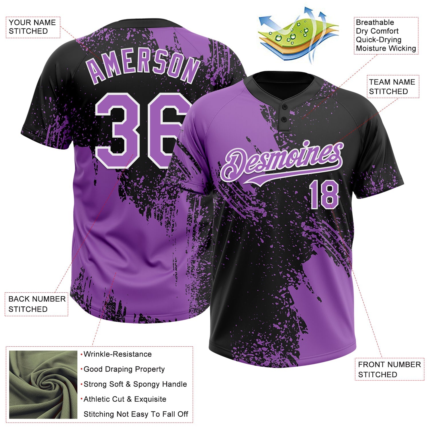 Custom Medium Purple Black-White 3D Pattern Abstract Brush Stroke Two-Button Unisex Softball Jersey view 3