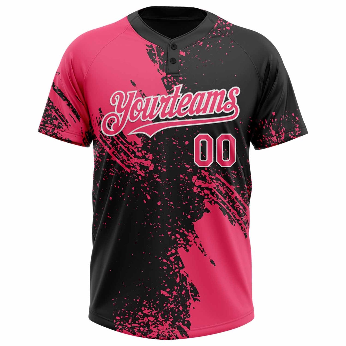 Custom Neon Pink Black-White 3D Pattern Abstract Brush Stroke Two-Button Unisex Softball Jersey view 2