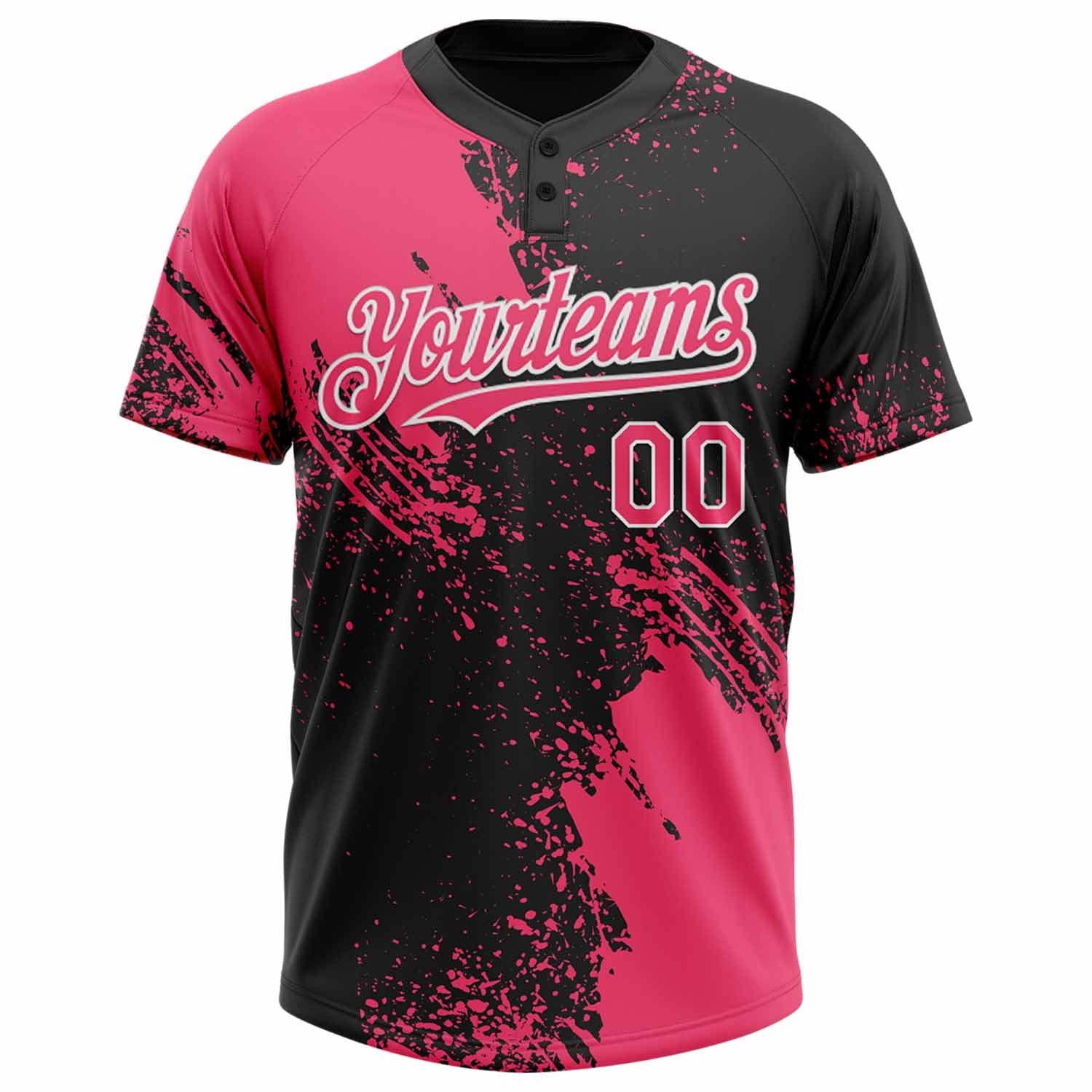 Custom Neon Pink Black-White 3D Pattern Abstract Brush Stroke Two-Button Unisex Softball Jersey view 2