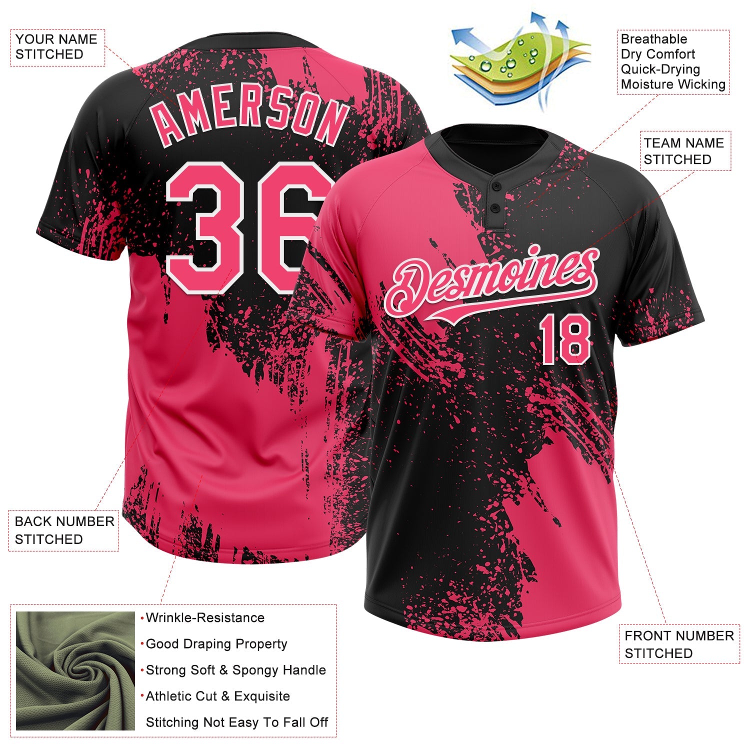 Custom Neon Pink Black-White 3D Pattern Abstract Brush Stroke Two-Button Unisex Softball Jersey view 3