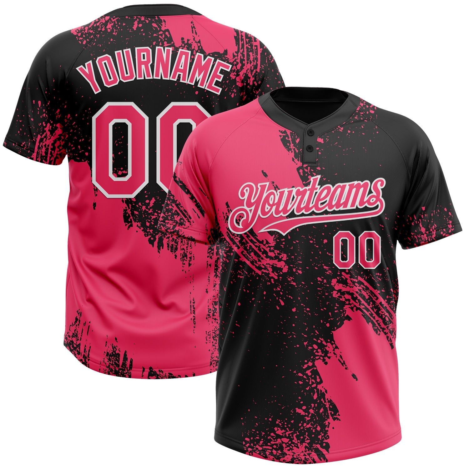 Custom Neon Pink Black-White 3D Pattern Abstract Brush Stroke Two-Button Unisex Softball Jersey - Main View