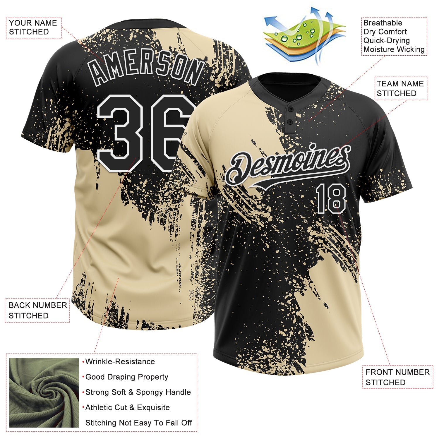 Custom Cream Black-White 3D Pattern Abstract Brush Stroke Two-Button Unisex Softball Jersey view 3
