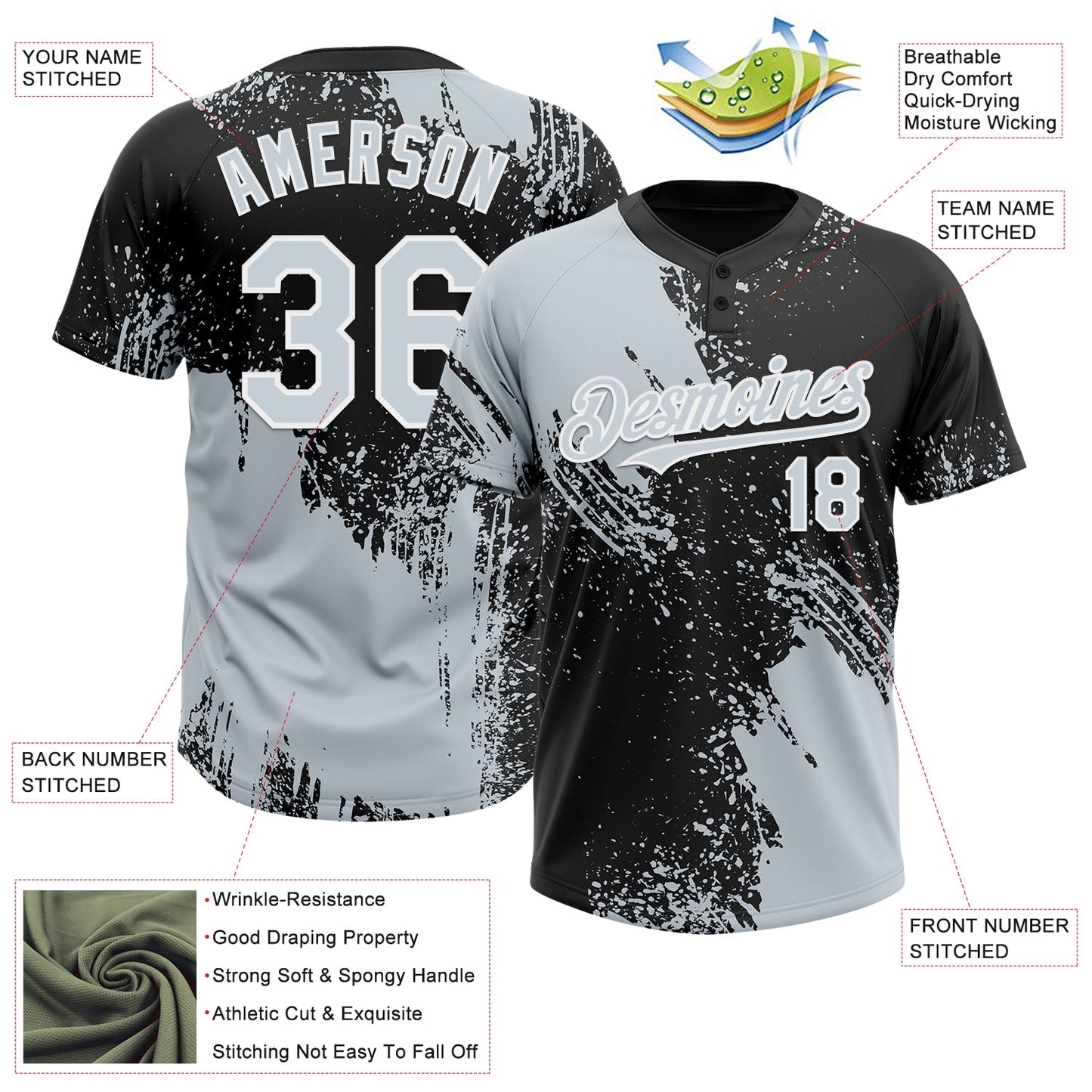 Custom Silver Black-White 3D Pattern Abstract Brush Stroke Two-Button Unisex Softball Jersey view 3