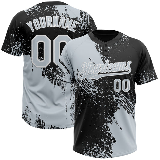 Custom Silver Black-White 3D Pattern Abstract Brush Stroke Two-Button Unisex Softball Jersey - Main View