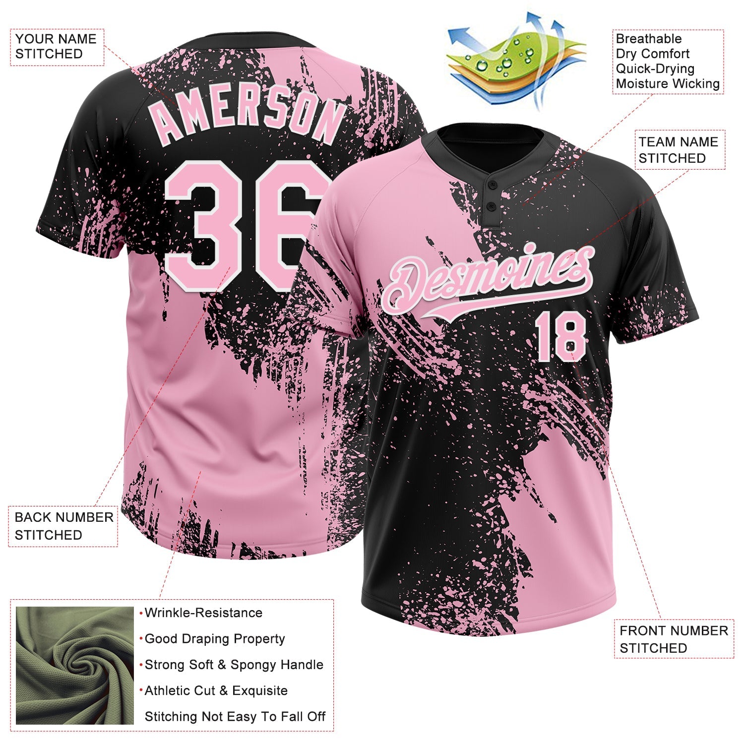 Custom Light Pink Black-White 3D Pattern Abstract Brush Stroke Two-Button Unisex Softball Jersey view 3