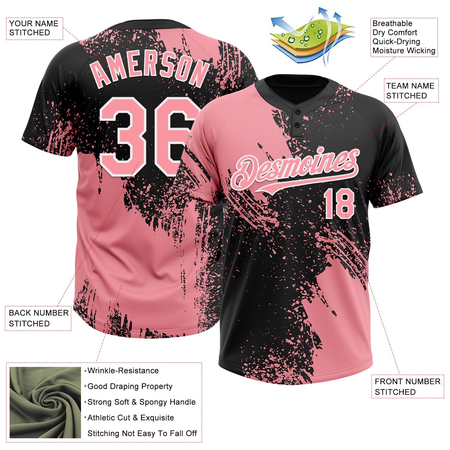 Custom Medium Pink Black-White 3D Pattern Abstract Brush Stroke Two-Button Unisex Softball Jersey view 3