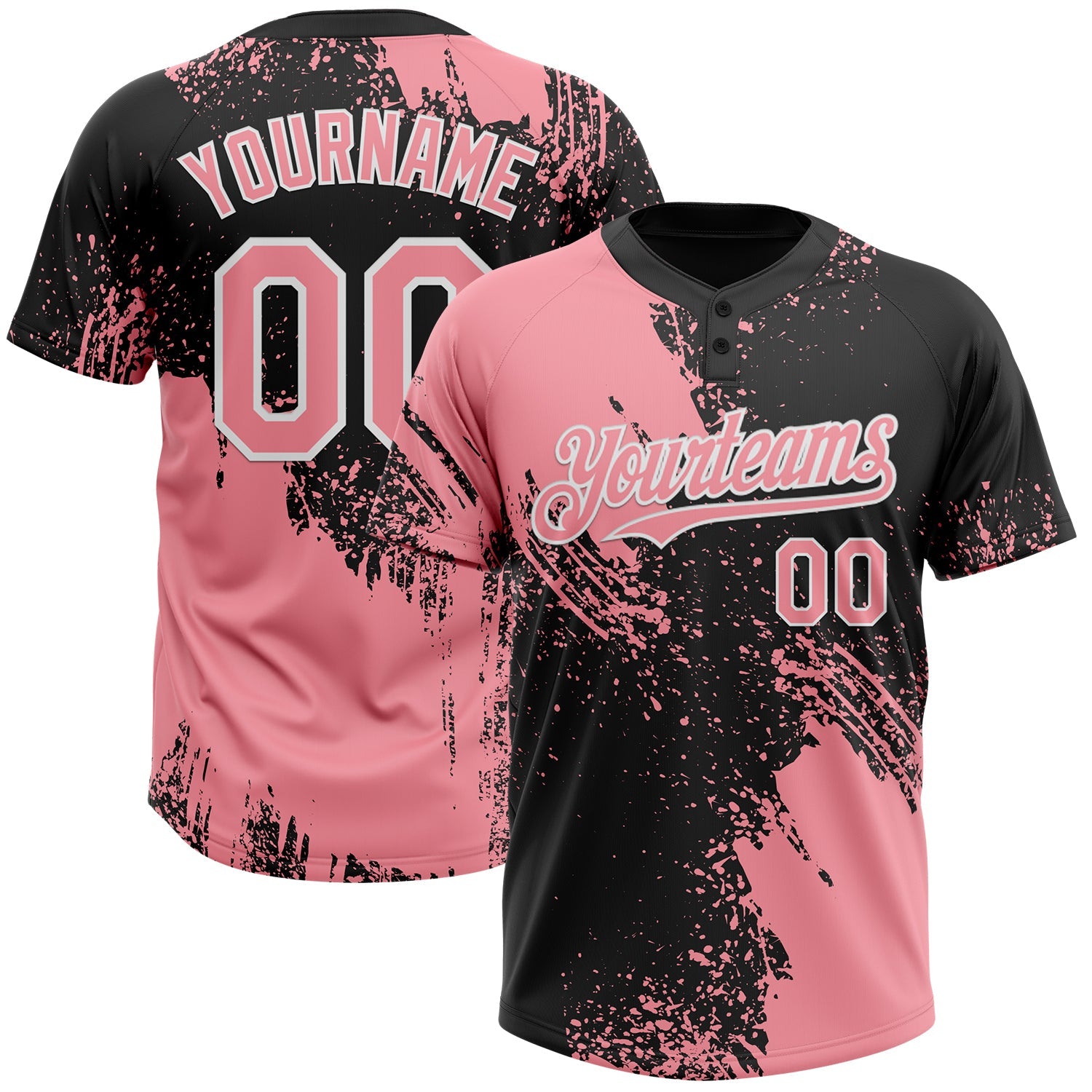 Custom Medium Pink Black-White 3D Pattern Abstract Brush Stroke Two-Button Unisex Softball Jersey - Main View