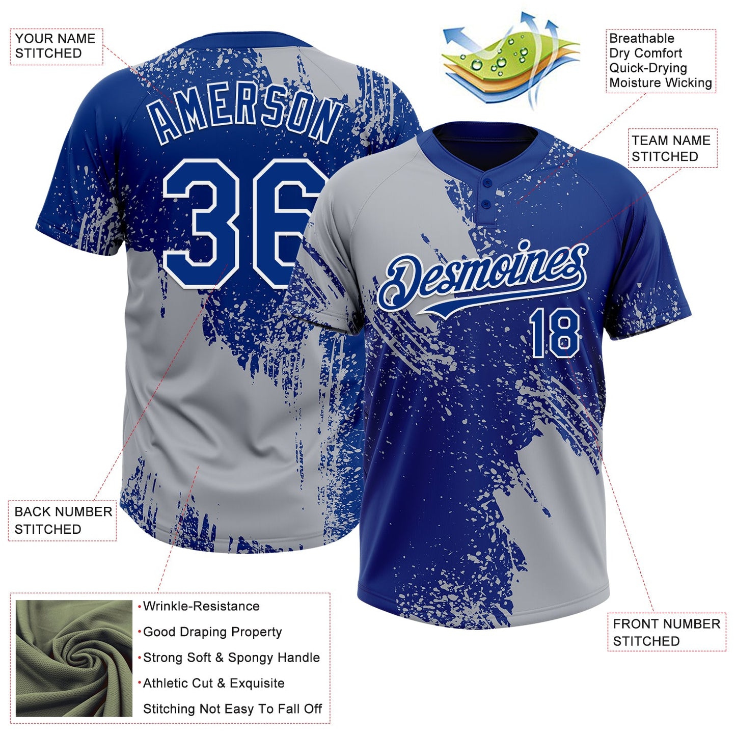 Custom Gray Royal-White 3D Pattern Abstract Brush Stroke Two-Button Unisex Softball Jersey view 3