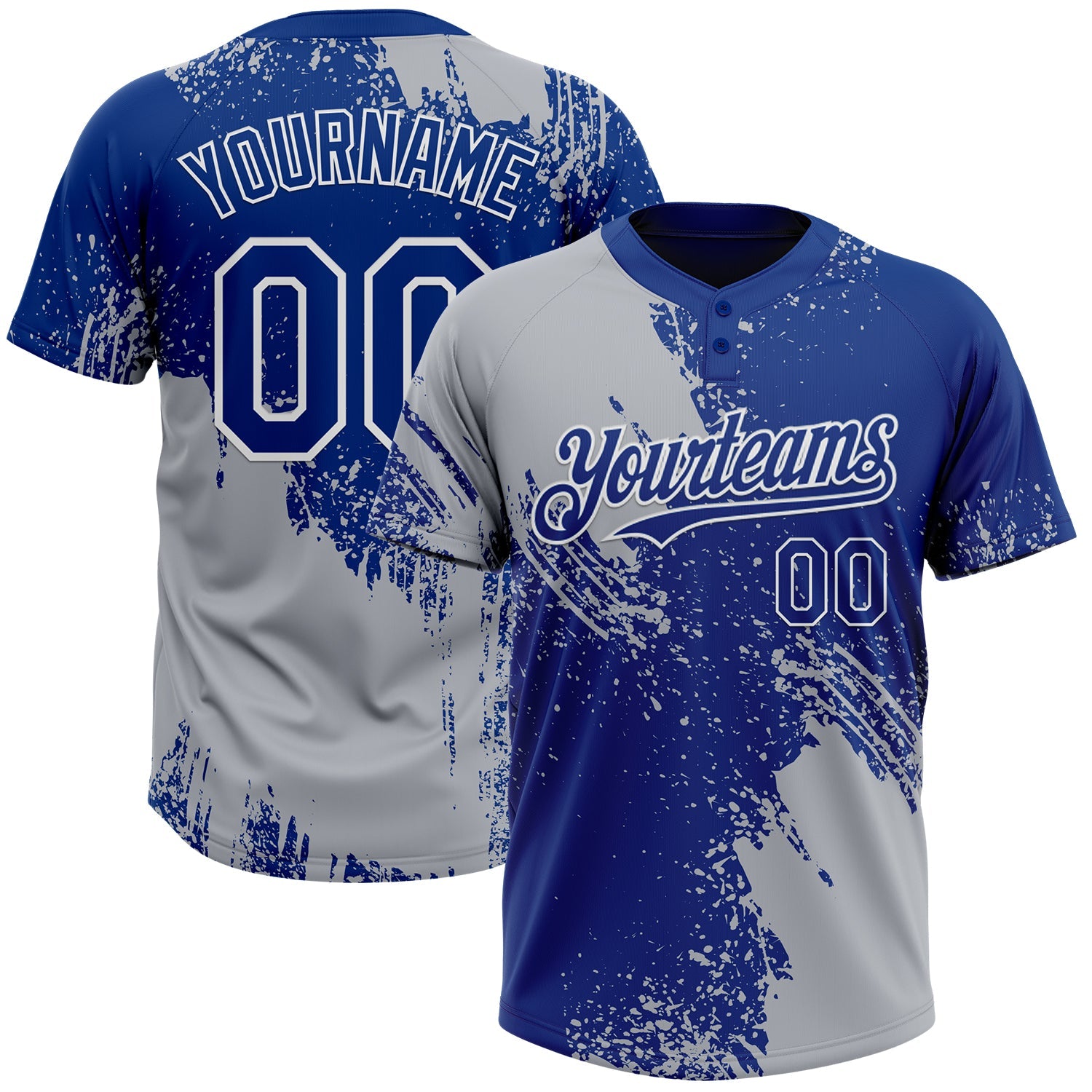 Custom Gray Royal-White 3D Pattern Abstract Brush Stroke Two-Button Unisex Softball Jersey - Main View
