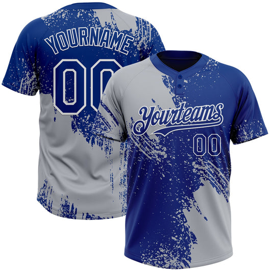 Custom Gray Royal-White 3D Pattern Abstract Brush Stroke Two-Button Unisex Softball Jersey - Main View