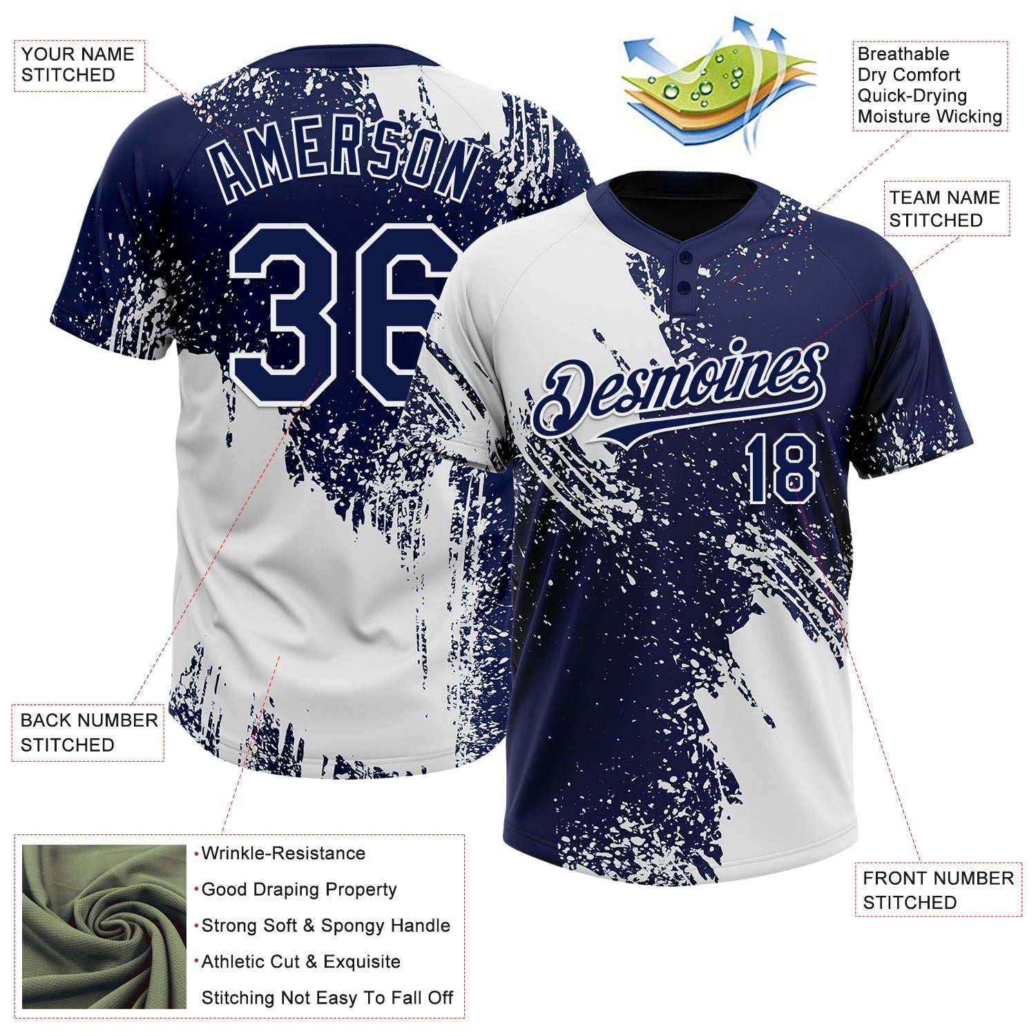 Custom White Navy 3D Pattern Abstract Brush Stroke Two-Button Unisex Softball Jersey view 3