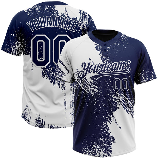 Custom White Navy 3D Pattern Abstract Brush Stroke Two-Button Unisex Softball Jersey - Main View