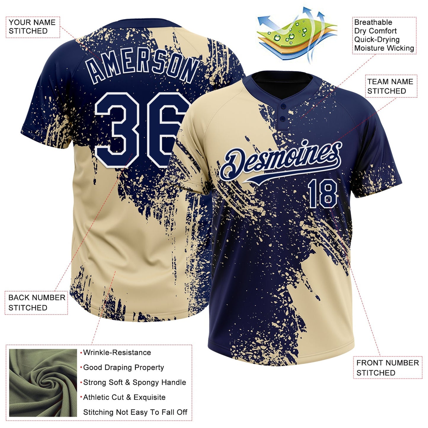 Custom Cream Navy-White 3D Pattern Abstract Brush Stroke Two-Button Unisex Softball Jersey view 3