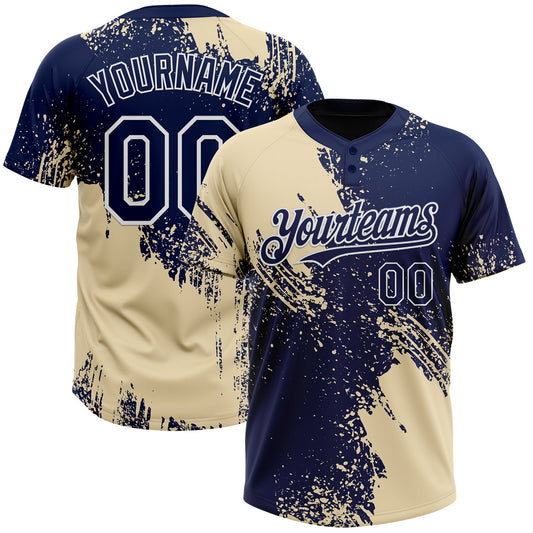 Custom Cream Navy-White 3D Pattern Abstract Brush Stroke Two-Button Unisex Softball Jersey - Main View