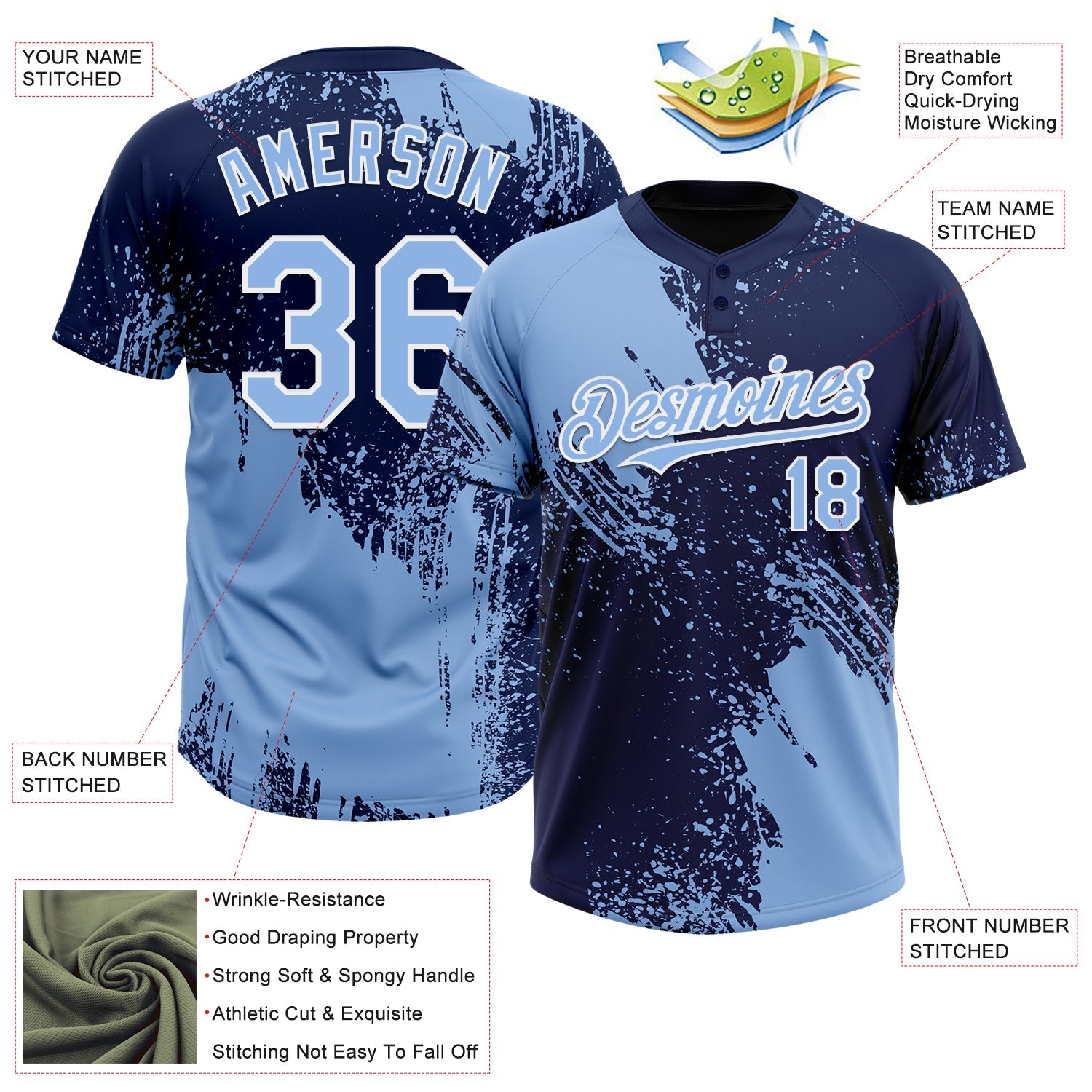 Custom Light Blue Navy-White 3D Pattern Abstract Brush Stroke Two-Button Unisex Softball Jersey view 3