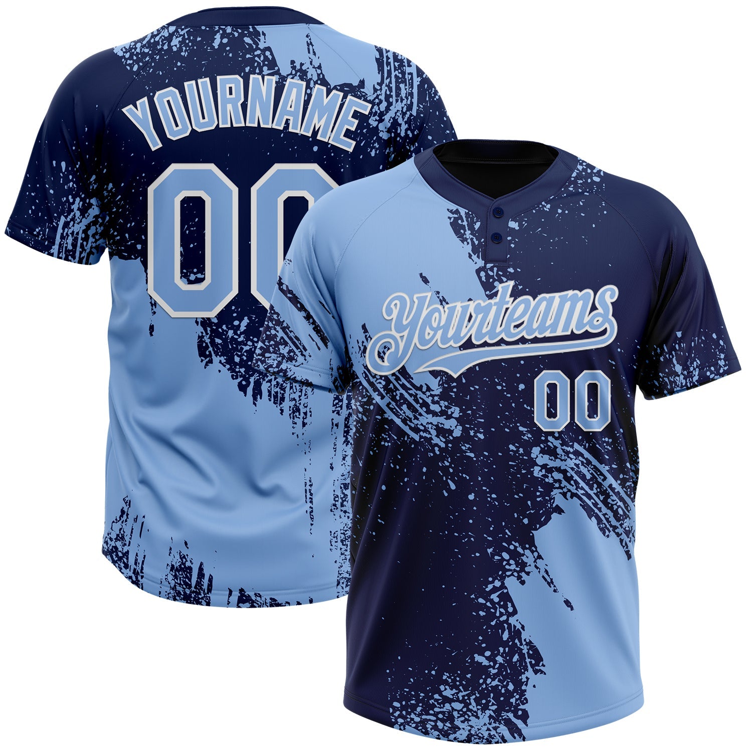 Custom Light Blue Navy-White 3D Pattern Abstract Brush Stroke Two-Button Unisex Softball Jersey - Main View