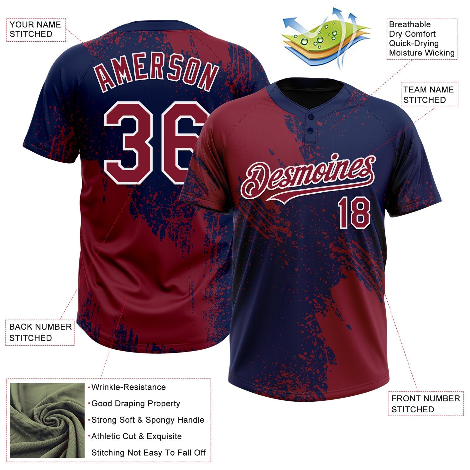 Custom Crimson Navy-White 3D Pattern Abstract Brush Stroke Two-Button Unisex Softball Jersey view 3