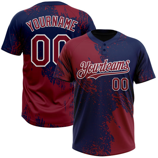 Custom Crimson Navy-White 3D Pattern Abstract Brush Stroke Two-Button Unisex Softball Jersey - Main View