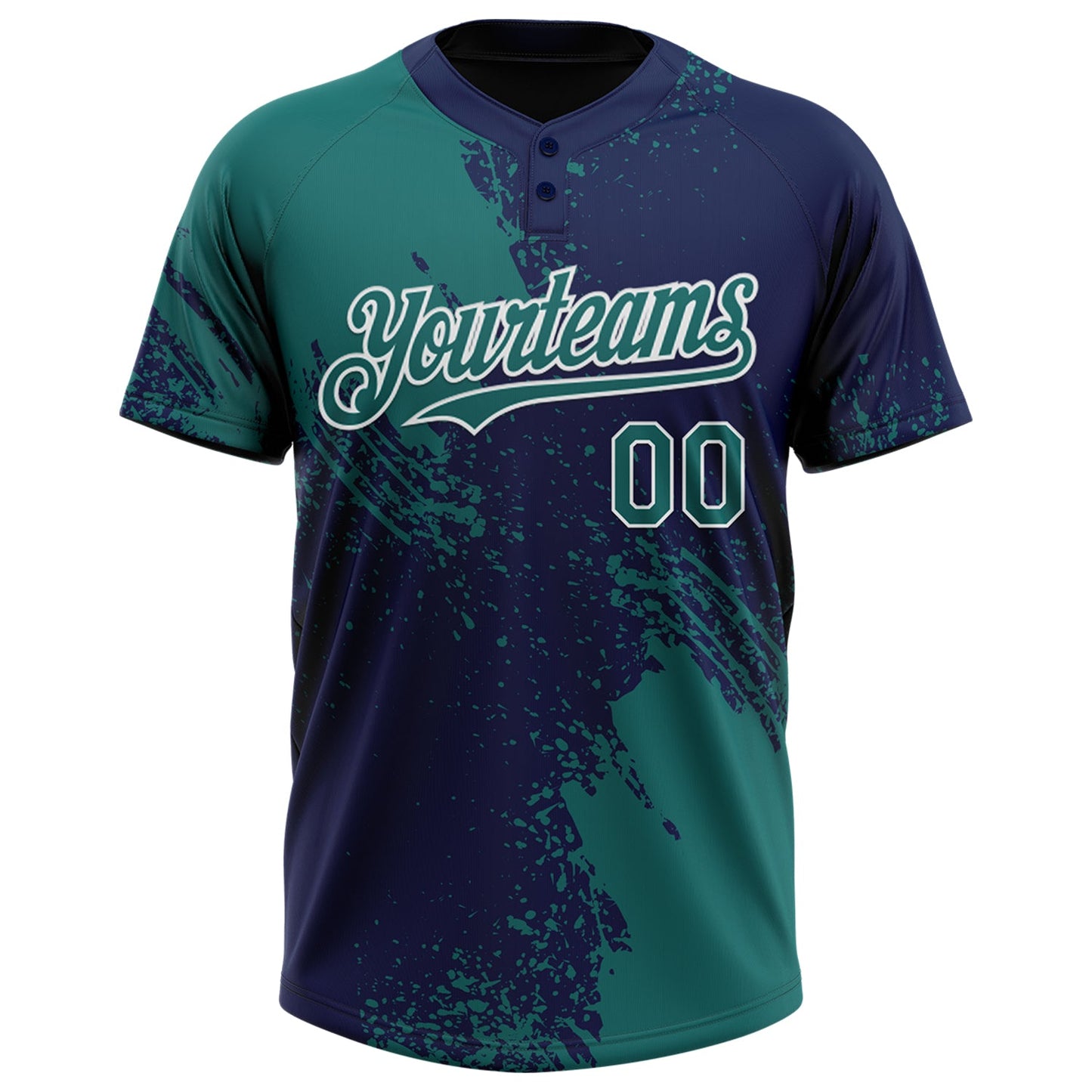 Custom Teal Navy-White 3D Pattern Abstract Brush Stroke Two-Button Unisex Softball Jersey view 2