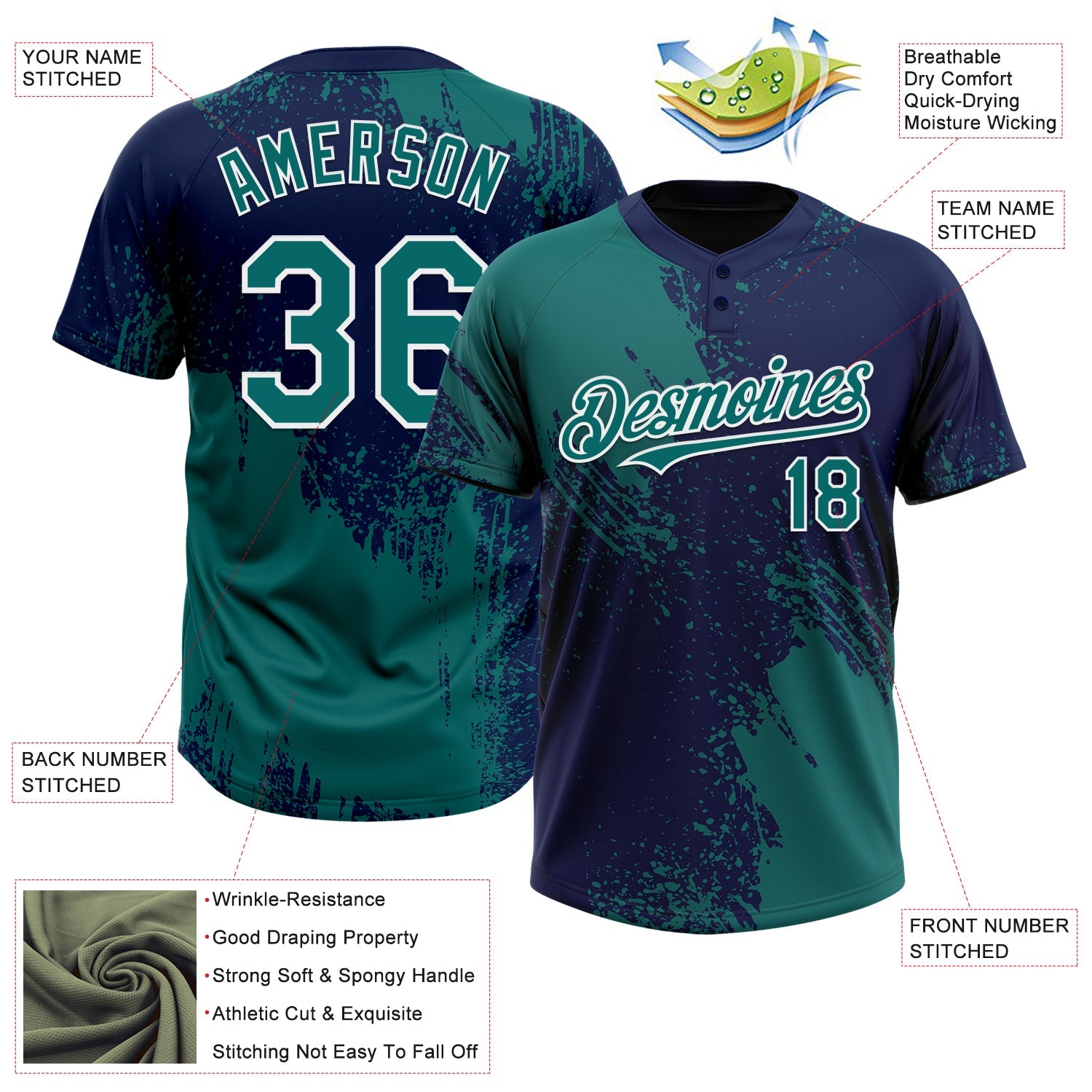 Custom Teal Navy-White 3D Pattern Abstract Brush Stroke Two-Button Unisex Softball Jersey view 3