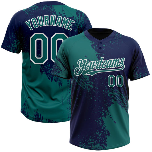 Custom Teal Navy-White 3D Pattern Abstract Brush Stroke Two-Button Unisex Softball Jersey - Main View
