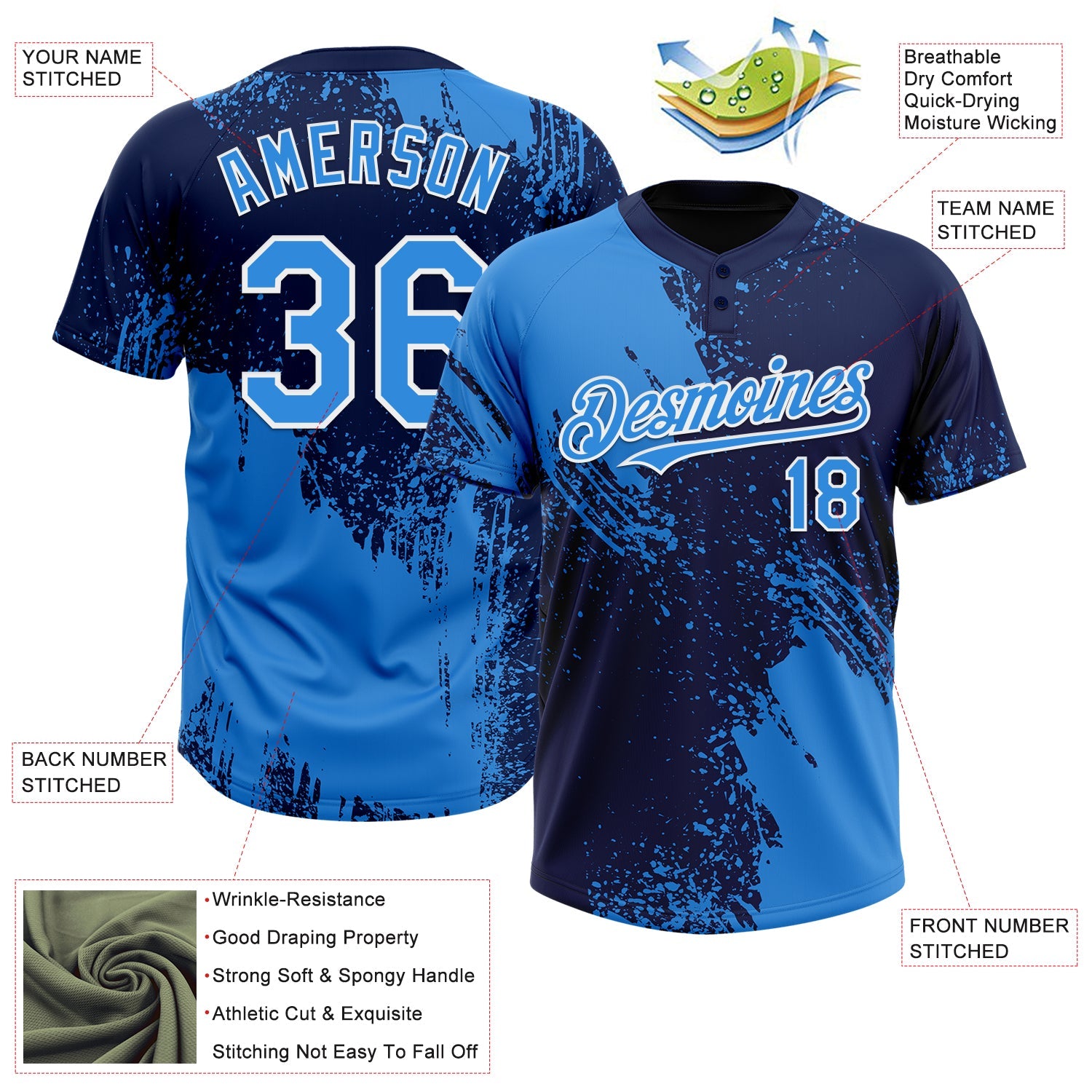 Custom Electric Blue Navy-White 3D Pattern Abstract Brush Stroke Two-Button Unisex Softball Jersey view 3