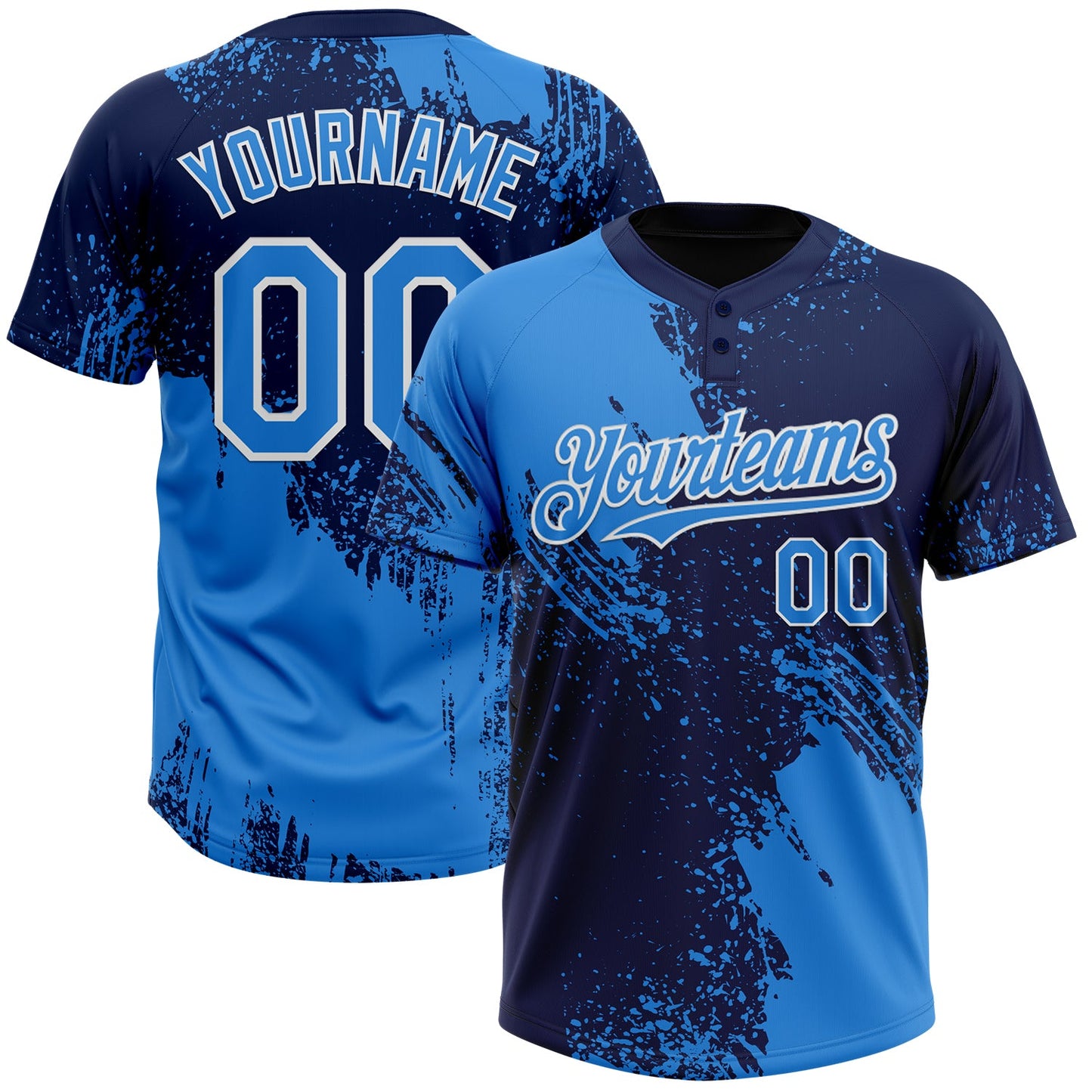 Custom Electric Blue Navy-White 3D Pattern Abstract Brush Stroke Two-Button Unisex Softball Jersey - Main View