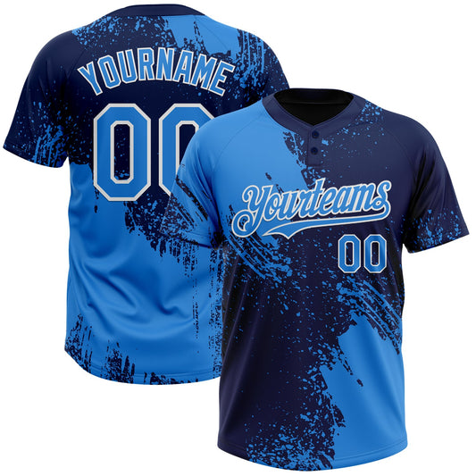 Custom Electric Blue Navy-White 3D Pattern Abstract Brush Stroke Two-Button Unisex Softball Jersey - Main View
