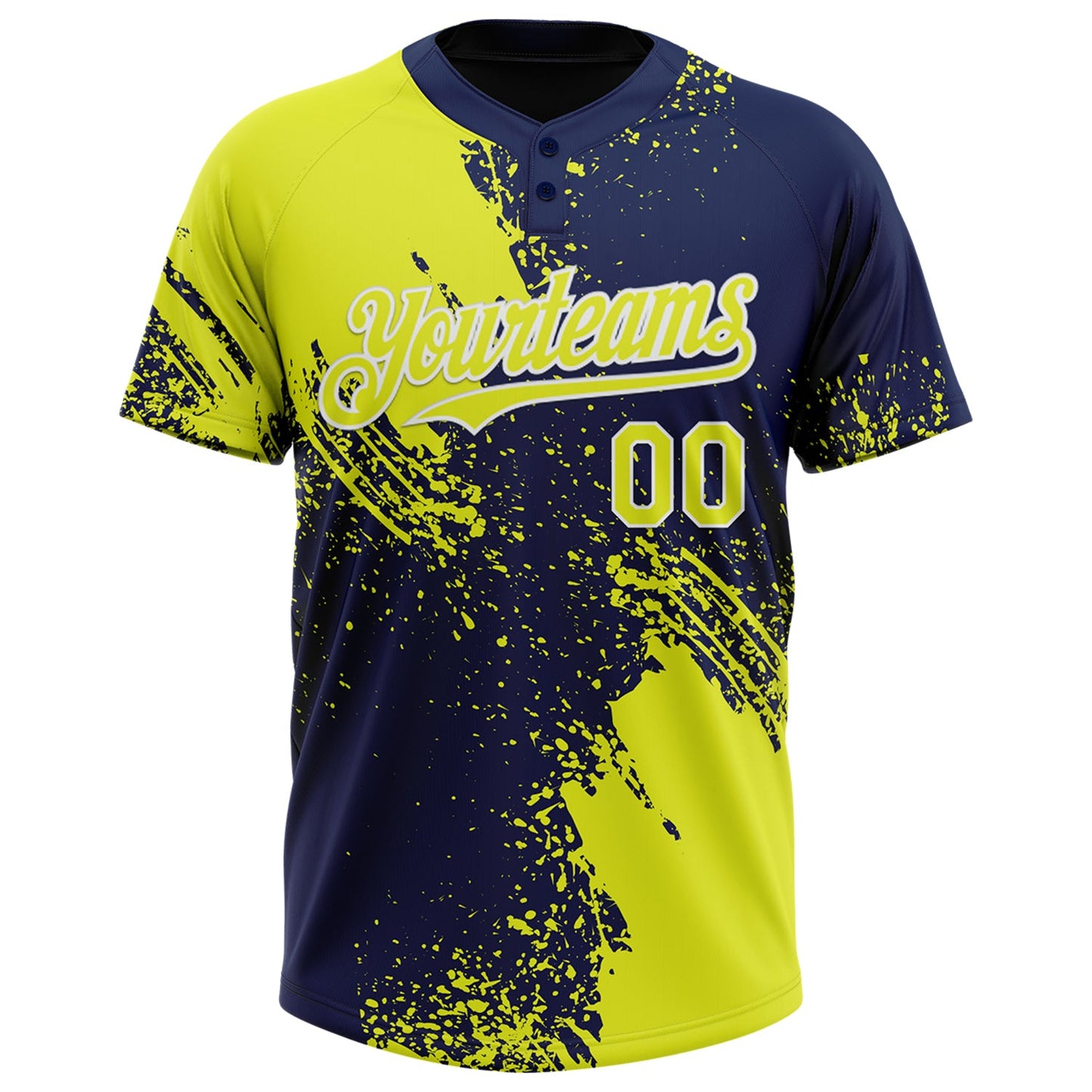 Custom Neon Yellow Navy-White 3D Pattern Abstract Brush Stroke Two-Button Unisex Softball Jersey view 2
