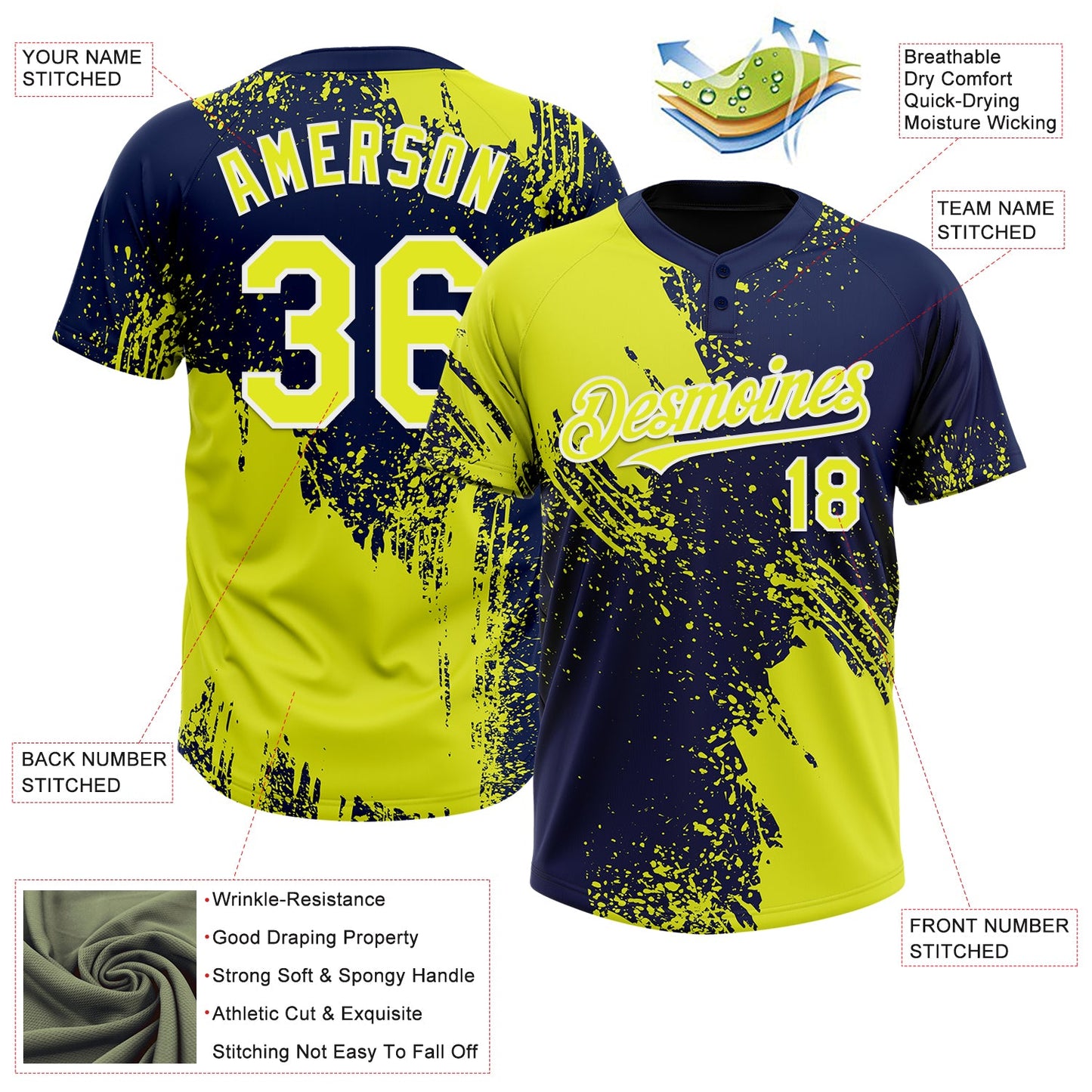 Custom Neon Yellow Navy-White 3D Pattern Abstract Brush Stroke Two-Button Unisex Softball Jersey view 3