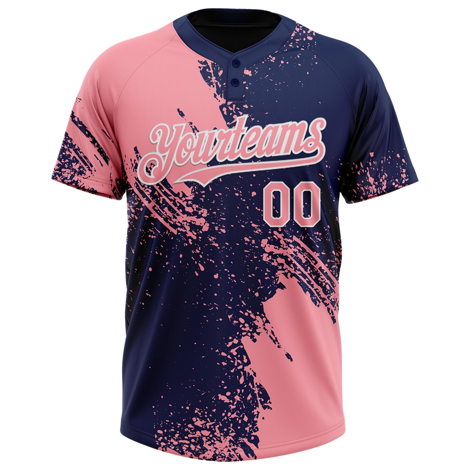 Custom Medium Pink Navy-White 3D Pattern Abstract Brush Stroke Two-Button Unisex Softball Jersey view 2