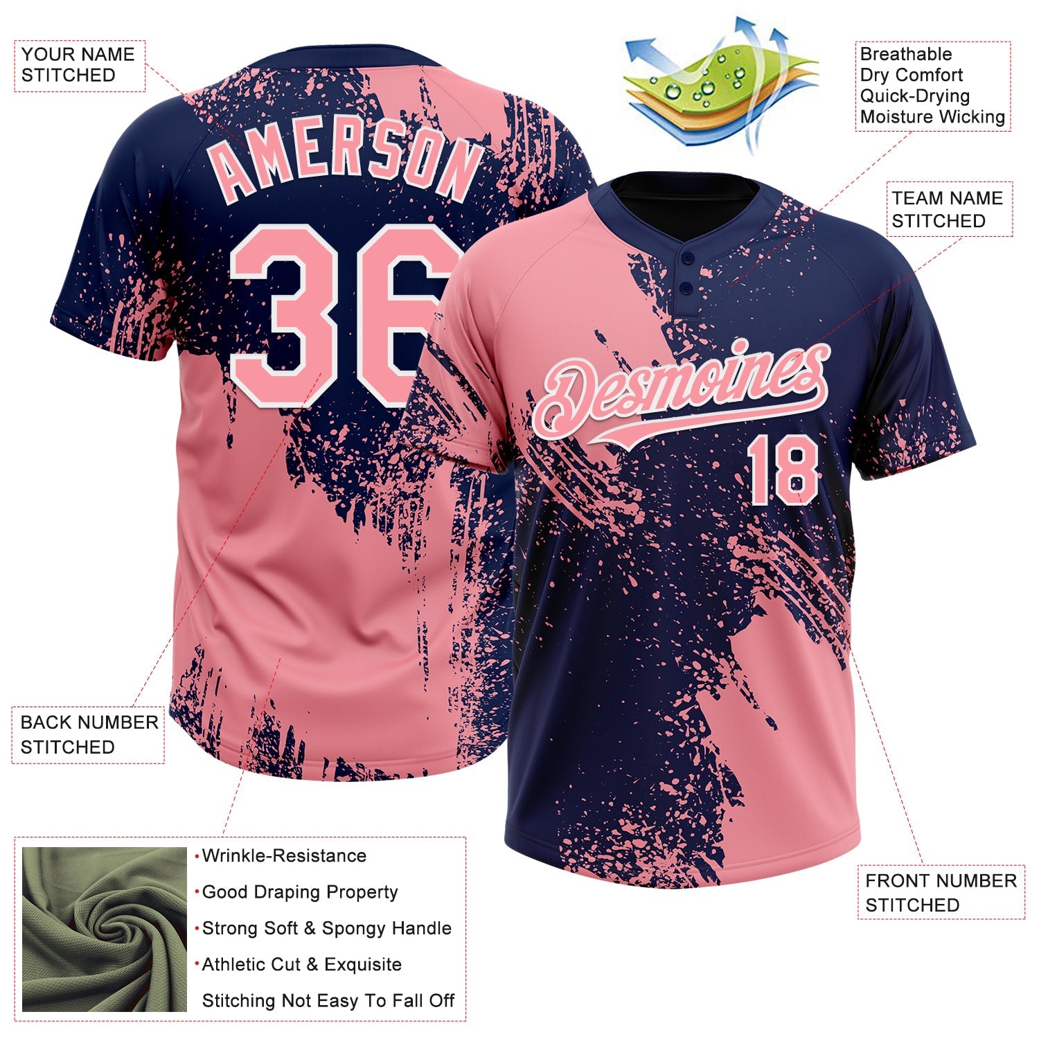 Custom Medium Pink Navy-White 3D Pattern Abstract Brush Stroke Two-Button Unisex Softball Jersey view 3