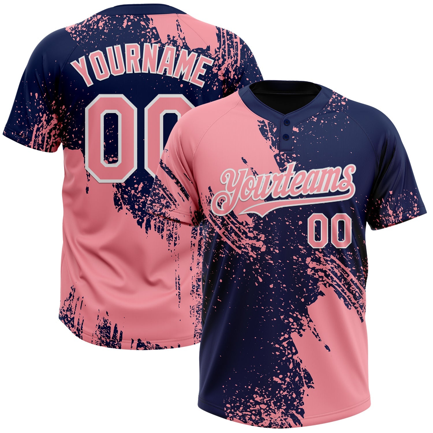 Custom Medium Pink Navy-White 3D Pattern Abstract Brush Stroke Two-Button Unisex Softball Jersey - Main View