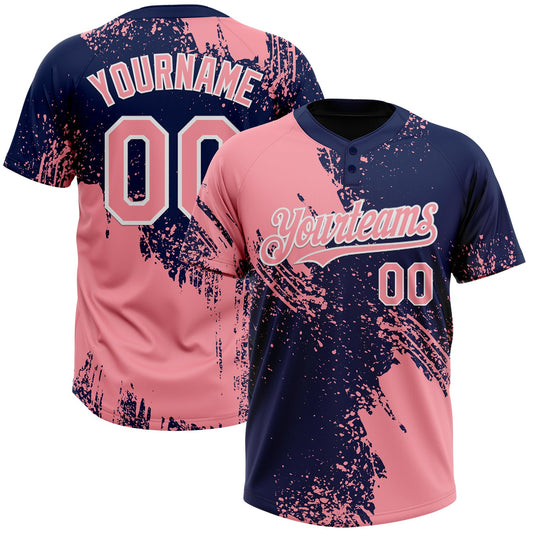 Custom Medium Pink Navy-White 3D Pattern Abstract Brush Stroke Two-Button Unisex Softball Jersey - Main View