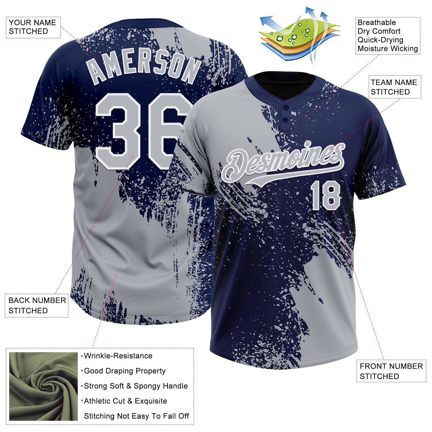 Custom Gray Navy-White 3D Pattern Abstract Brush Stroke Two-Button Unisex Softball Jersey view 3