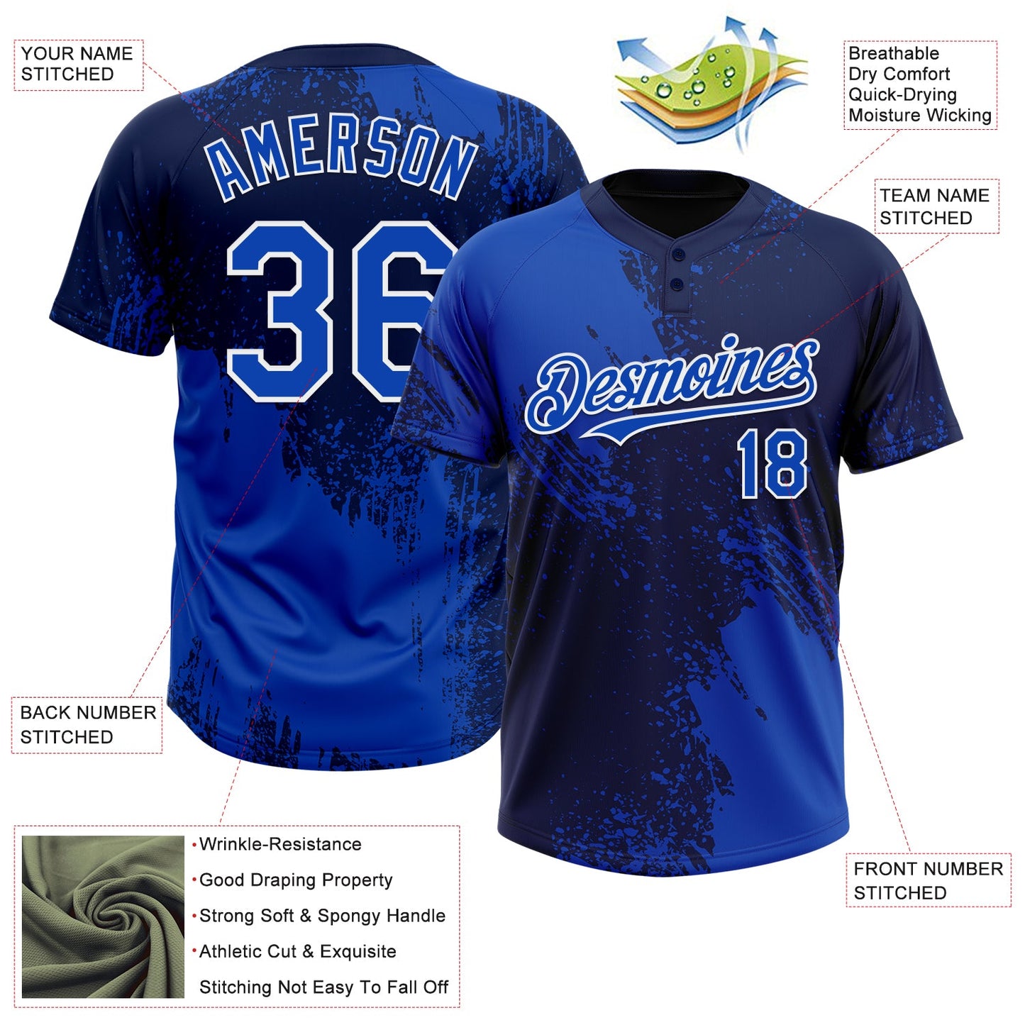 Custom Thunder Blue Navy-White 3D Pattern Abstract Brush Stroke Two-Button Unisex Softball Jersey view 3