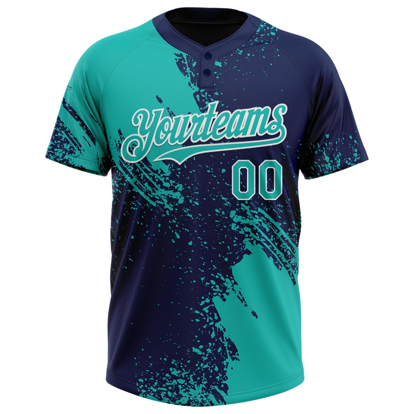 Custom Aqua Navy-White 3D Pattern Abstract Brush Stroke Two-Button Unisex Softball Jersey view 2