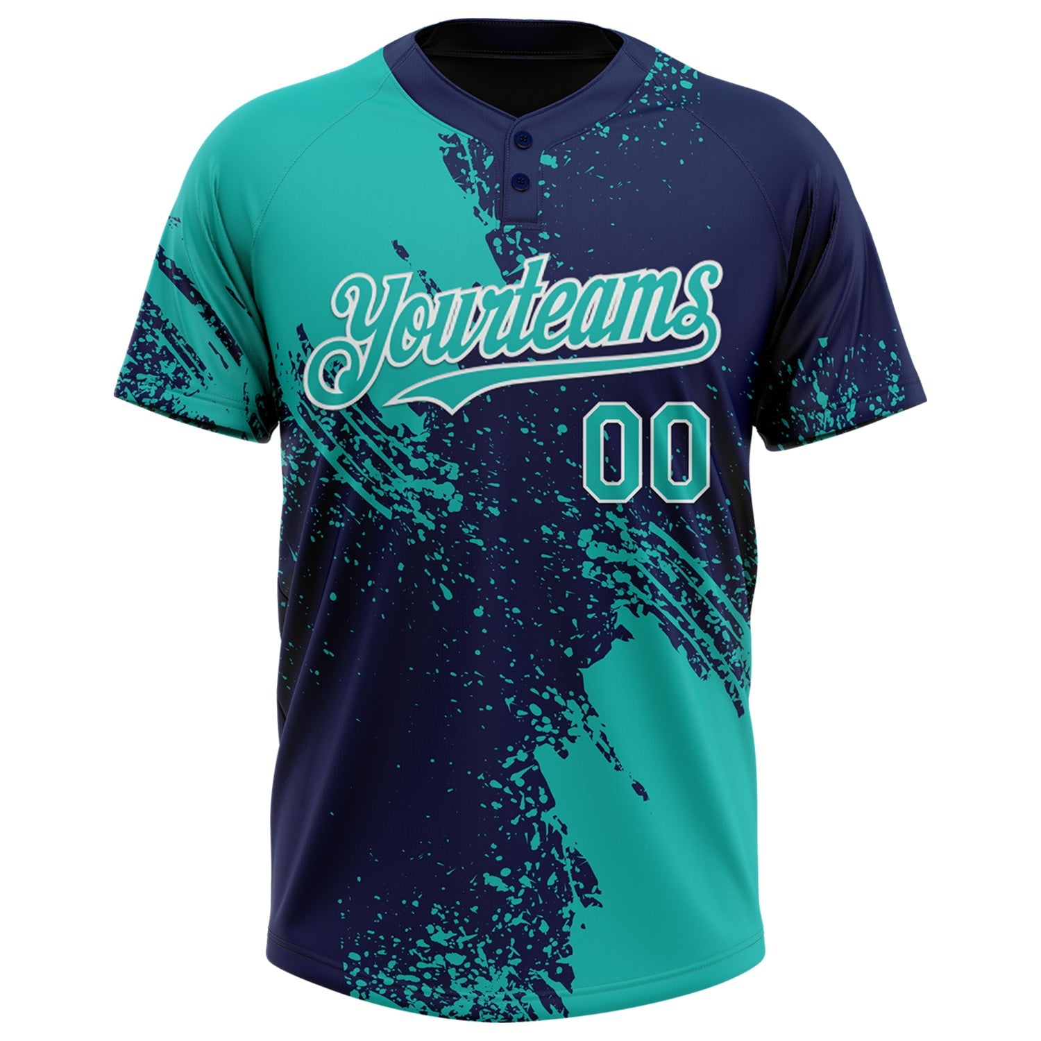 Custom Aqua Navy-White 3D Pattern Abstract Brush Stroke Two-Button Unisex Softball Jersey view 2